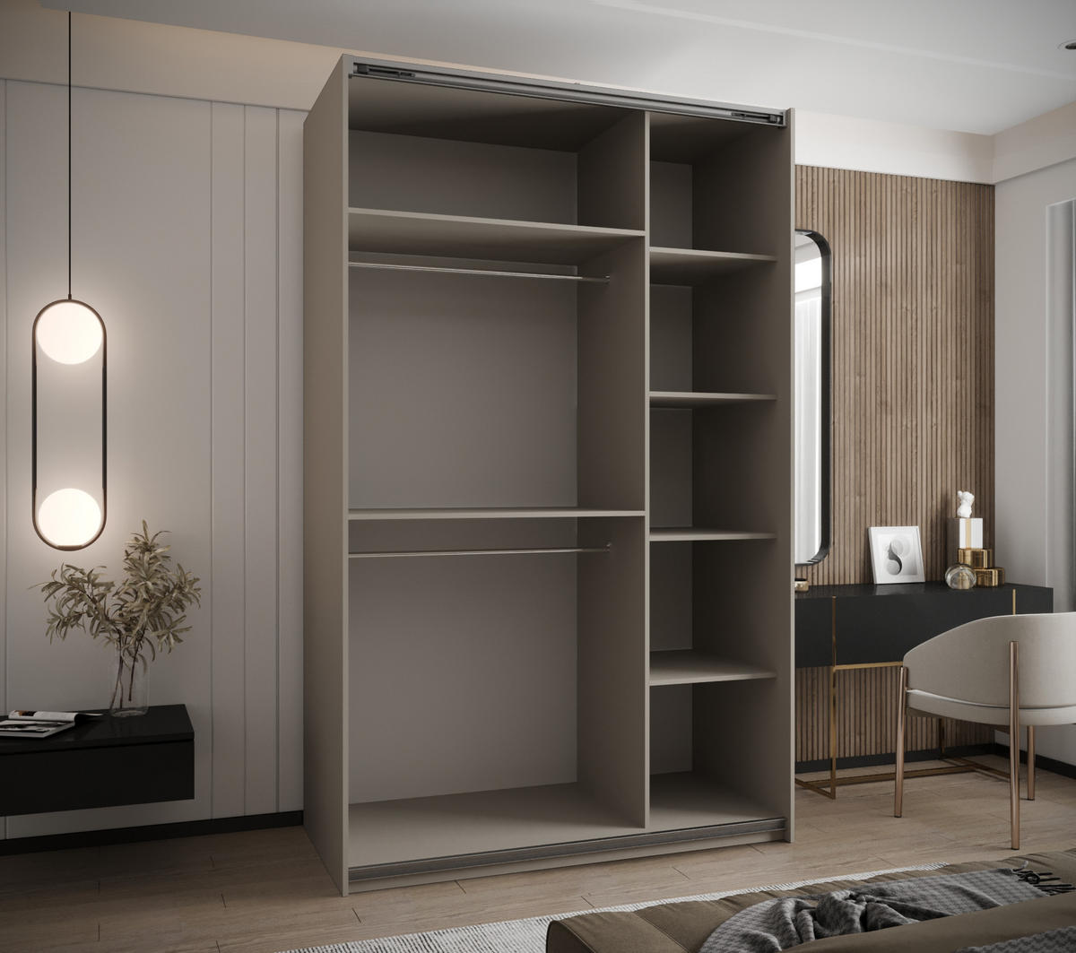 SCHWEBETÜRENSCHRANK 245,5/150/64 2-türig - Kaschmir/Schwarz, Holz/Metall (150/245/64cm) - Abiks Möbel