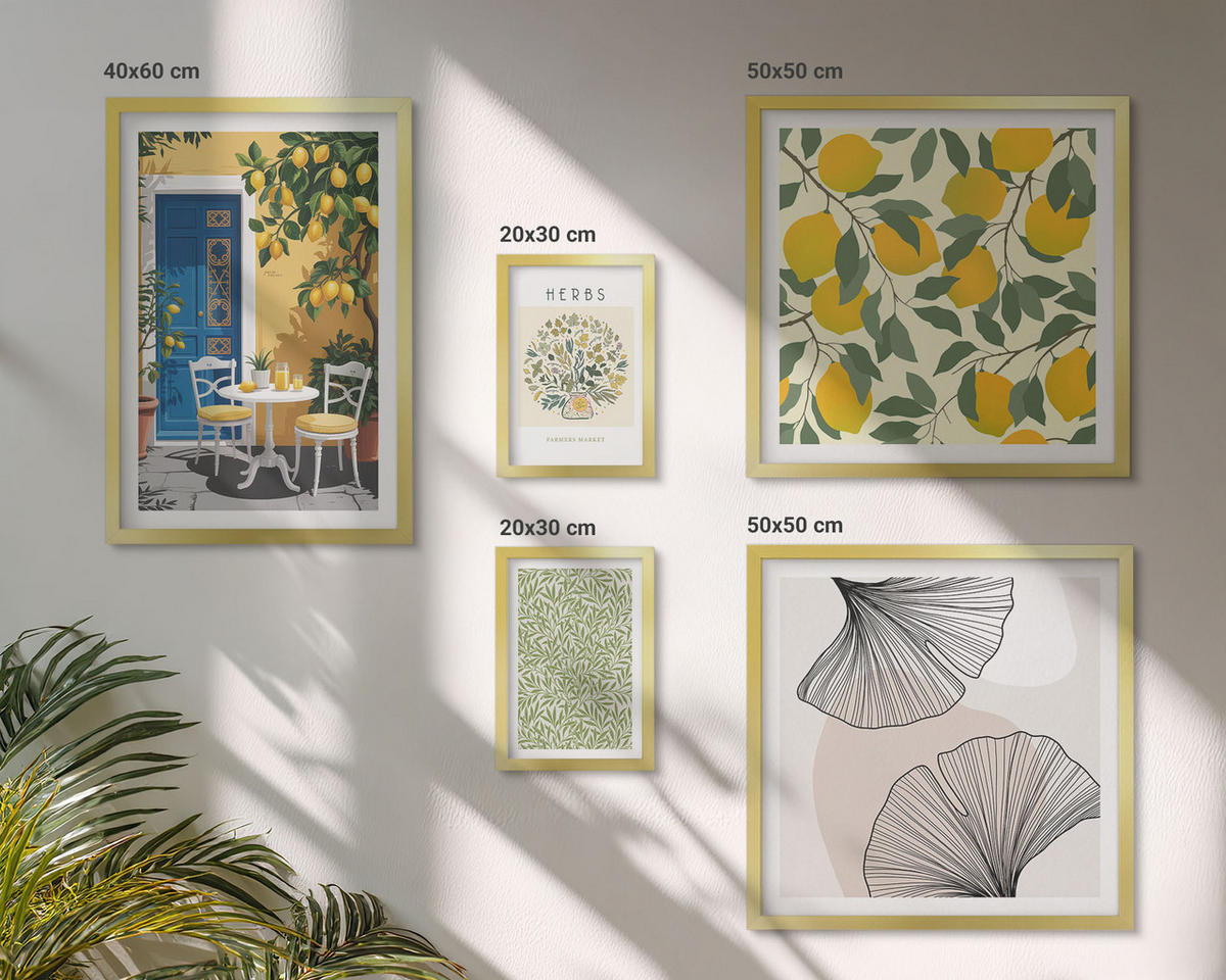 BILDER SET 5er Set - 50x50 cm & 20x30 cm & 40x60 cm Goldrahmen - Zitronenkräuter und -blätter - Goldfarben, Kunststoff (40/60cm) - TULUP