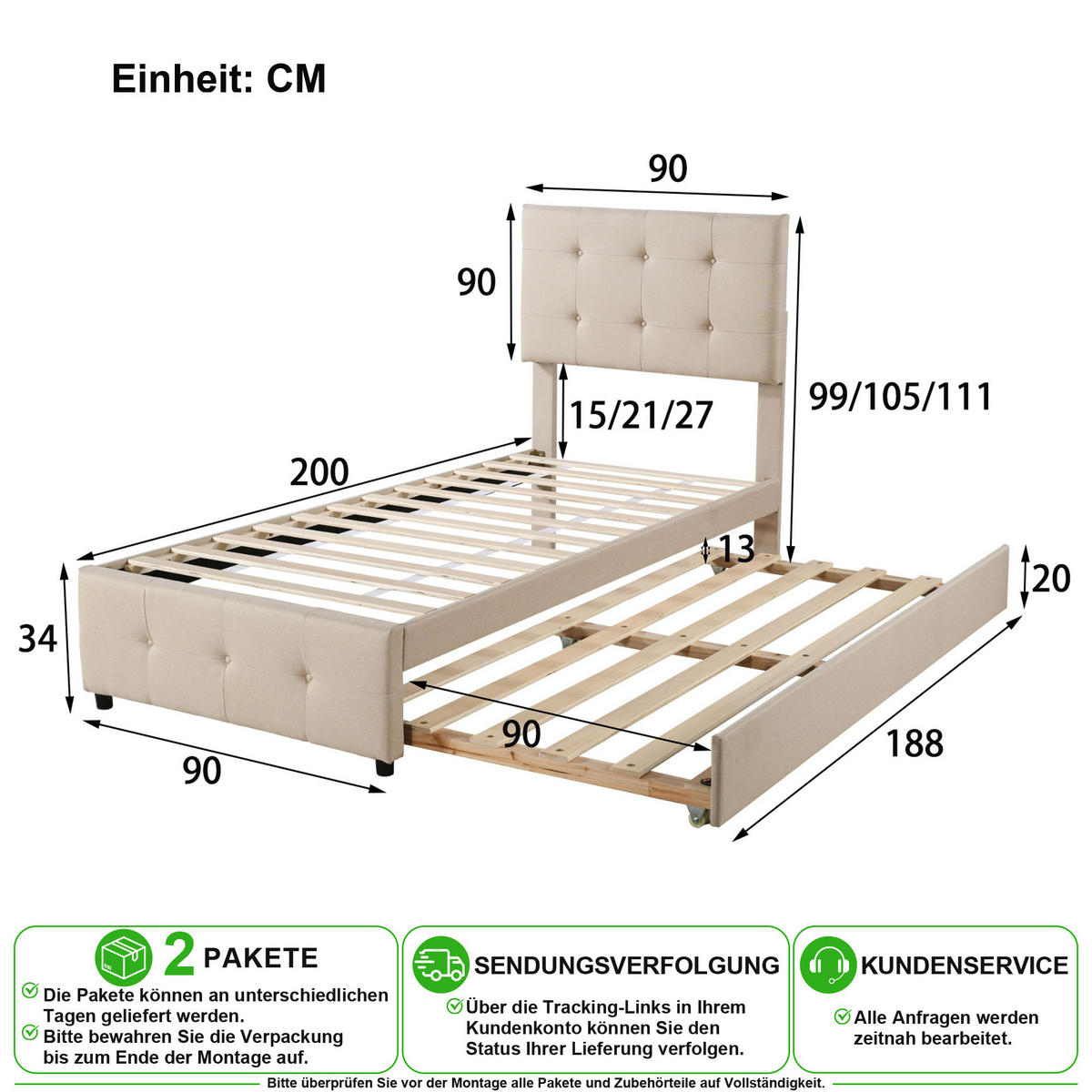 POLSTERBETT 90/200 cm & 90/190 cm in Beige mit Ausziehbett und verstellbarem Kopfteil - Beige, Holzwerkstoff/Textil (90/200cm) - CHICFURN