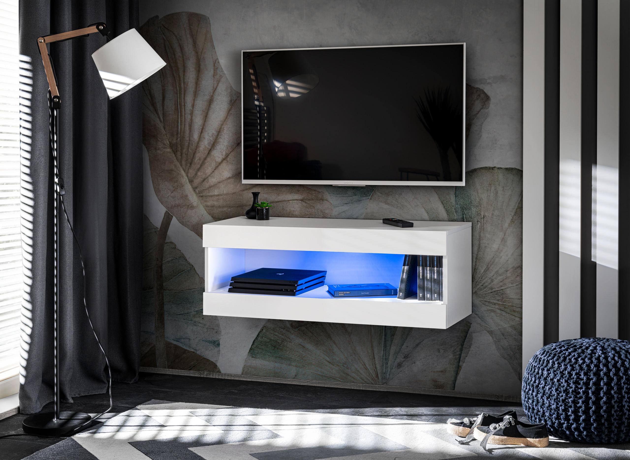 TV-ELEMENT TIVOLI RTV2-WHITE/WHITE+BLU Offener Raum Weiß Weiß - Weiß, Holzwerkstoff/Kunststoff (100/36/35cm) - Komodee