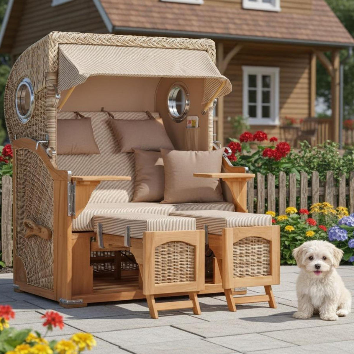 STRANDKORB Düne 2-Sitzer Teak Shell Bullauge - Taupe/Braun, Holz/Metall (125/170/80cm) - Mr. Deko