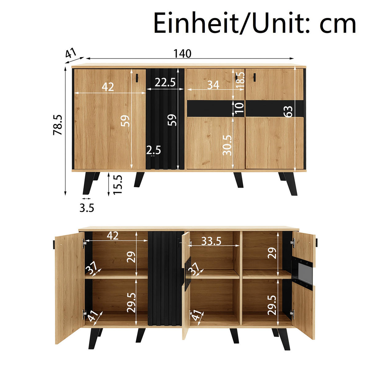 SIDEBOARD 140/78,5/41 cm z dřevotřísky a skla v přírodní a černé barvě s LED osvětlením - přírodní, kompozitní dřevo (140/78/41cm) - Modenvie