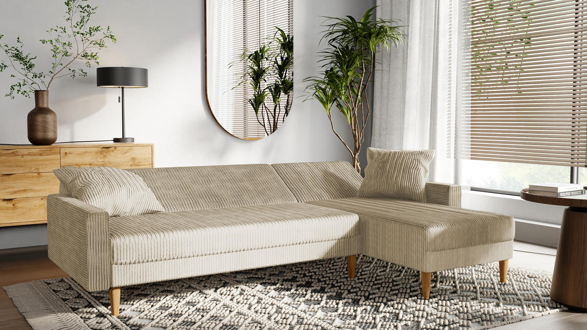 ECKSOFA mit Schlaffunktion L-Form, Beige - Beige, Holzwerkstoff/Textil (256/134cm) - Idohome