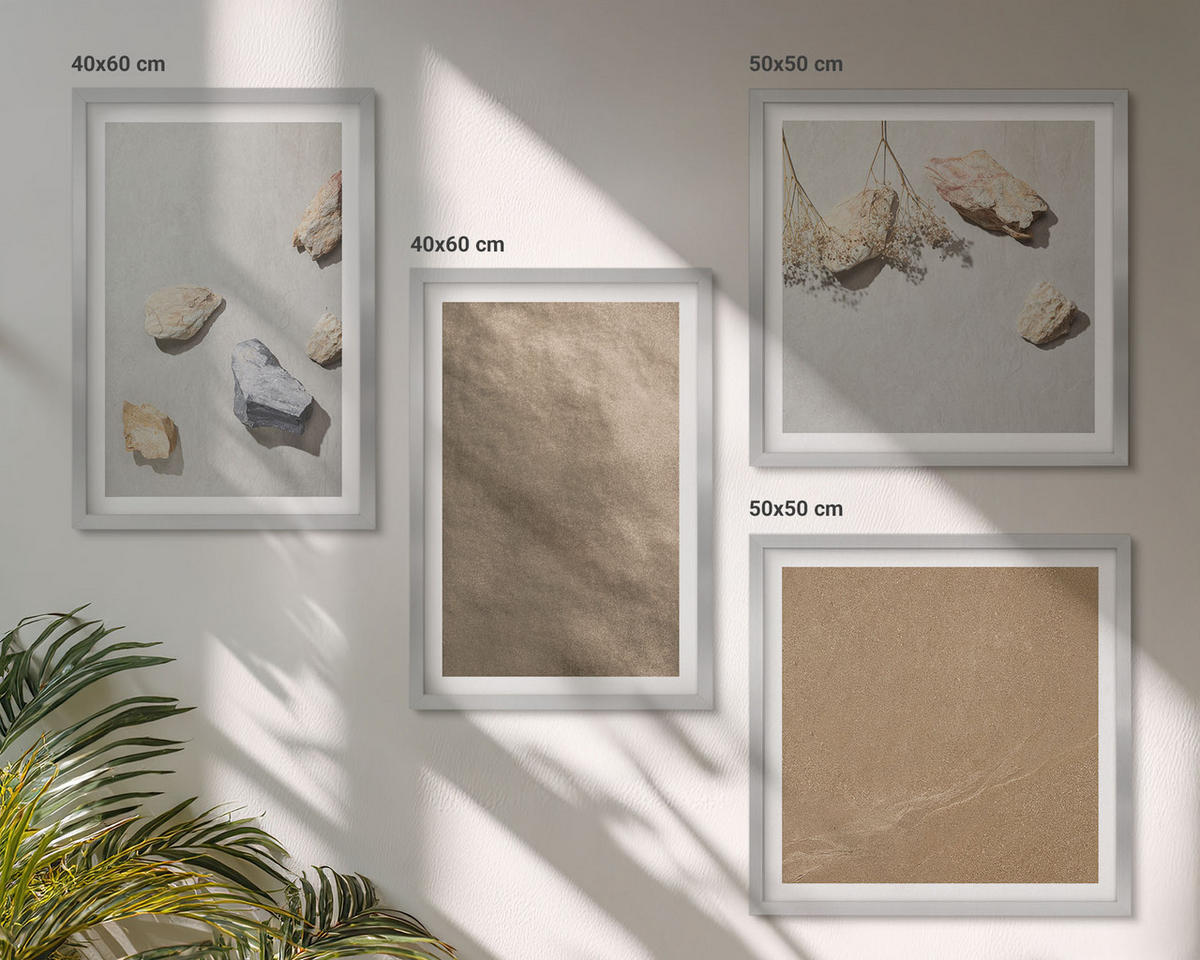WANDBILDER 4er Set - 50x50 cm & 40x60 cm Silberner Rahmen - Strandsteine natürliche Strukturen - Silberfarben, Kunststoff (50/50cm) - ArtPrintCave
