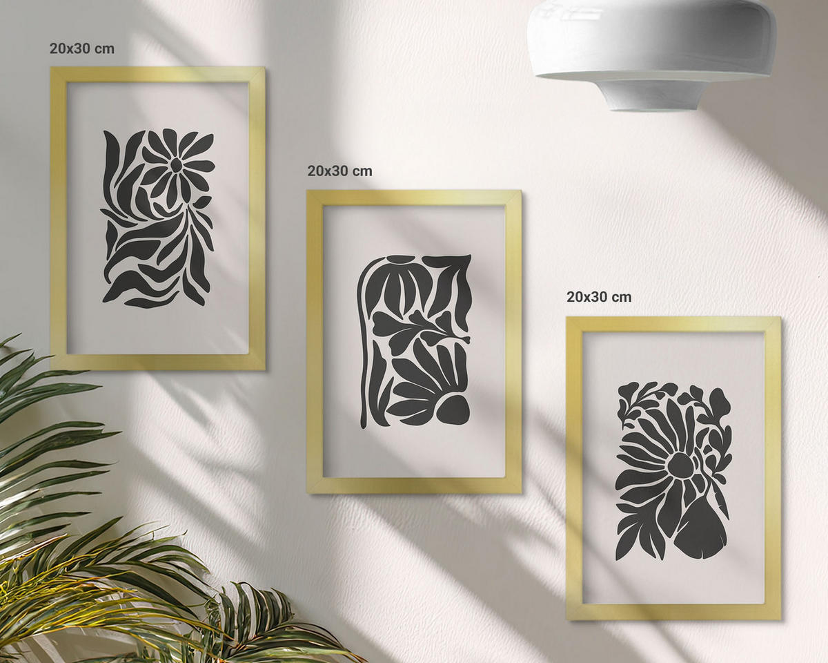 BILDER SET 3er Set - 20x30 cm Goldrahmen - Abstrakte Pflanzenmuster - Goldfarben, Kunststoff (20/30cm) - TULUP