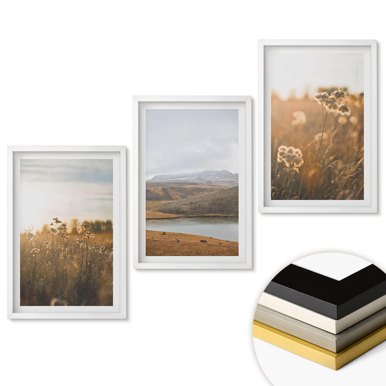 WANDBILDER 3er-Set - 40x60 cm Weißer Rahmen - Landschaften Wiesen Berge See - Weiß, Kunststoff (40/60cm) - ArtPrintCave