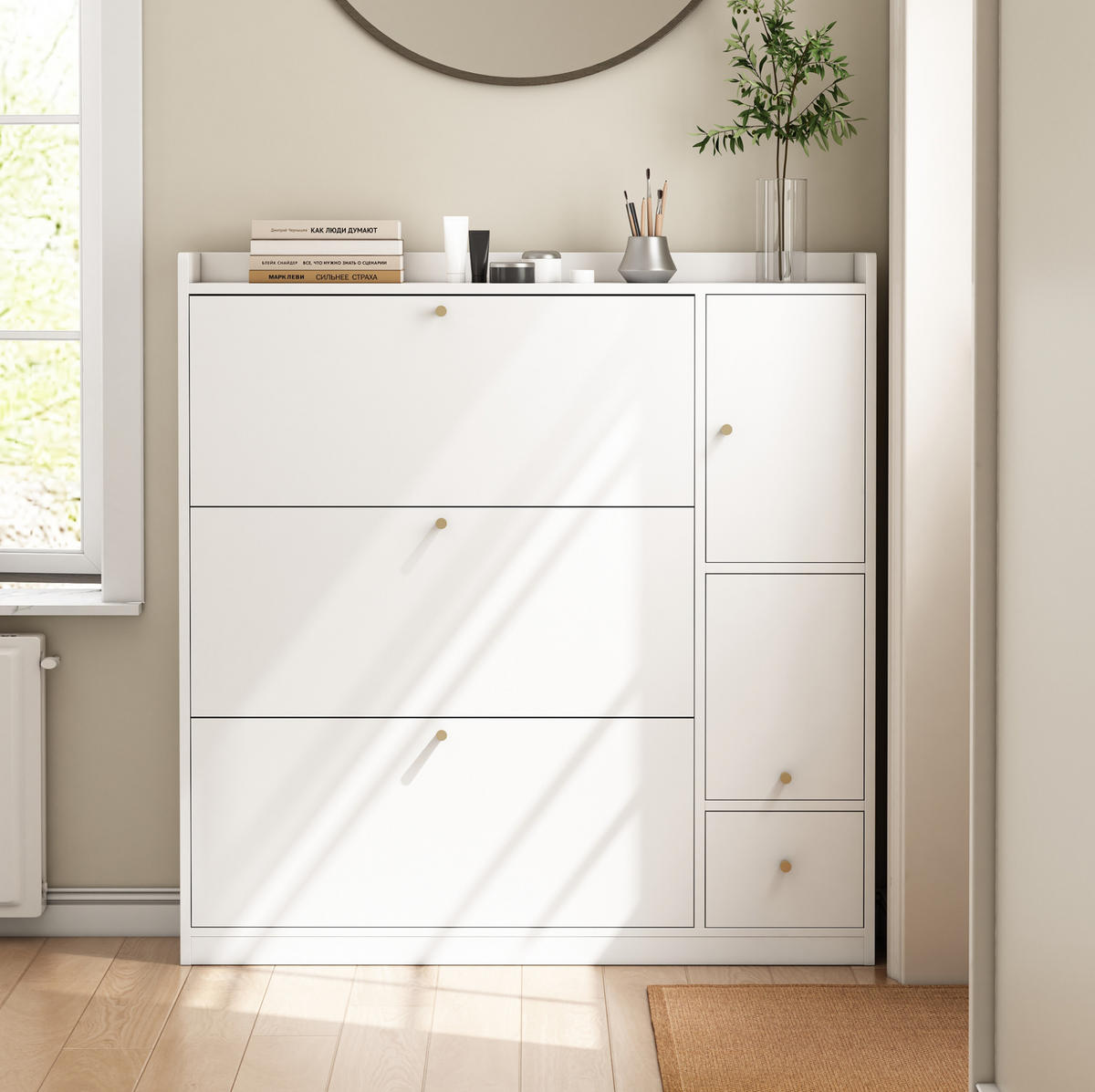 SCHUHSCHRANK 119/122/24 cm Weiß aus Spanplatte mit Sitzbank - Weiß, Holzwerkstoff (119/122/24cm) - OKMYHOME