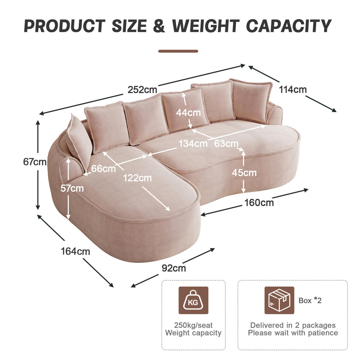 3-SITZER Sofa 252×164×67 cm aus Chenille-Stoff rahmenlos multifunktional, rosa - Rosa, Textil (164/67/252cm)