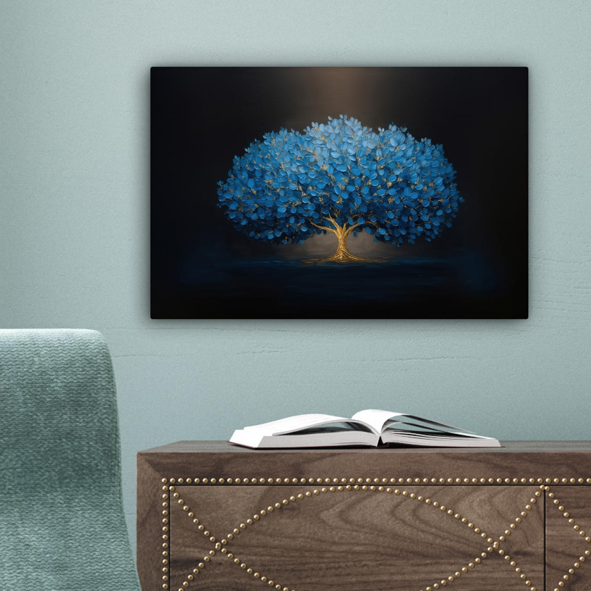 LEINWANDBILD Baum - Blau - Blätter - Pinselstriche Deko Schlafzimmer 30x20 cm - Blau, Textil (30/20cm) - MuchoWow