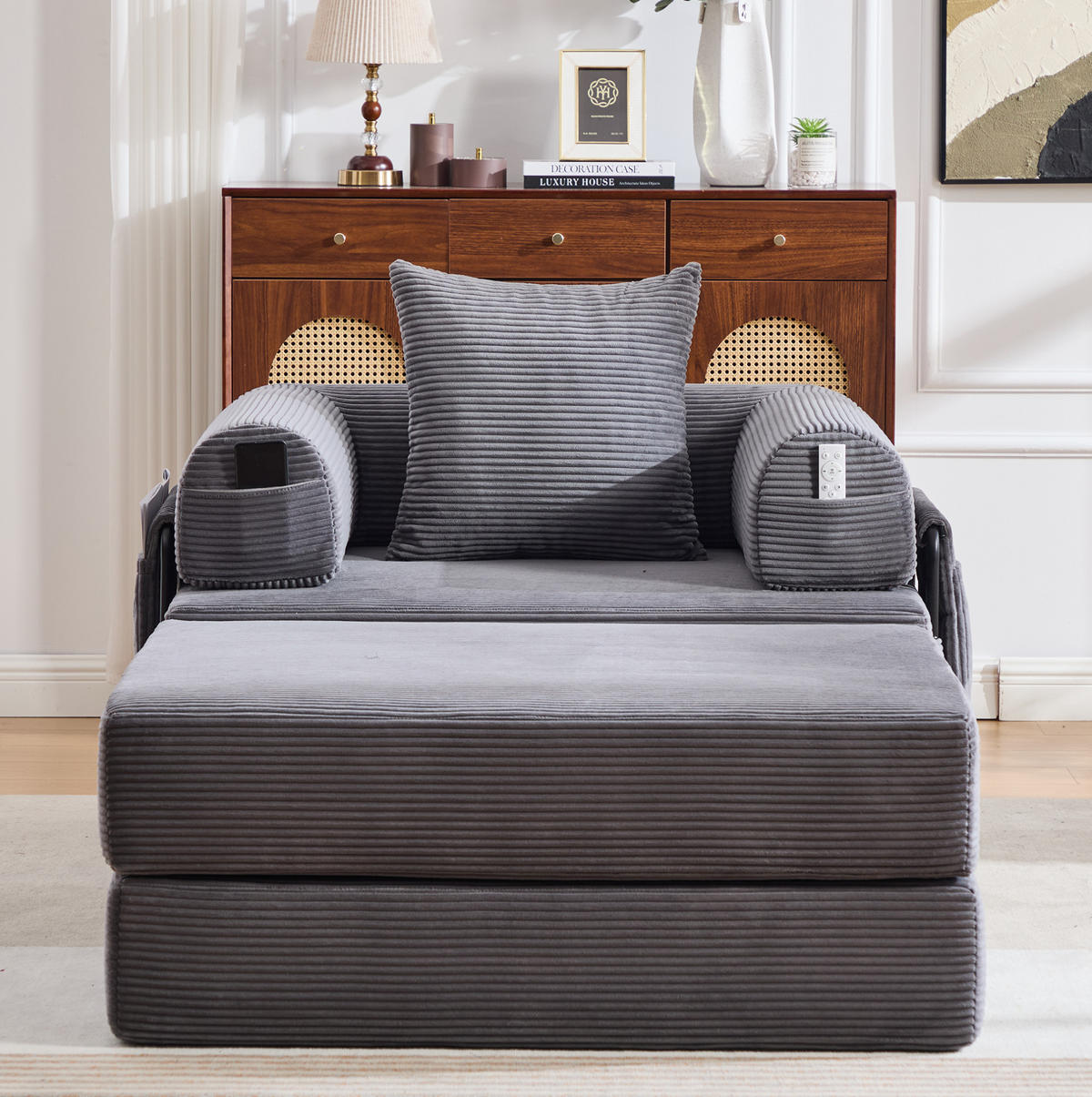SESSEL mit Hocker 112/190/67 cm aus Cord, ergonomisch mit Seitentasche und Kissen, Dunkelgrau - Dunkelgrau, Textil (190/67/112cm) - Redom