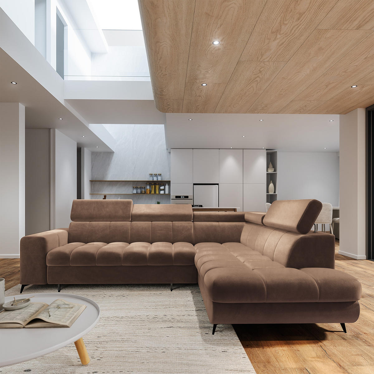 ECKSOFA MORIVA R-S Beige Velours-Stoff mit Schlaffunktion - Beige, Holz (253/190cm) - MASSENO