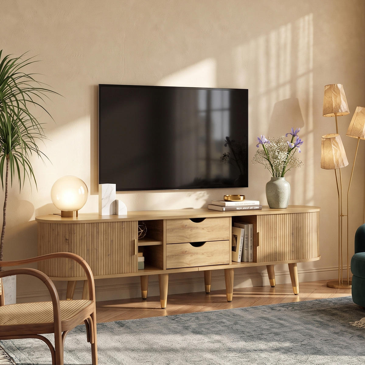 TV-LOWBOARD mit 2 Schubladen und 2 Türen, Wohnzimmermöbel, MDF, naturfarben - Hellbraun, Holz (38/45/175cm) - GENKI LIVING