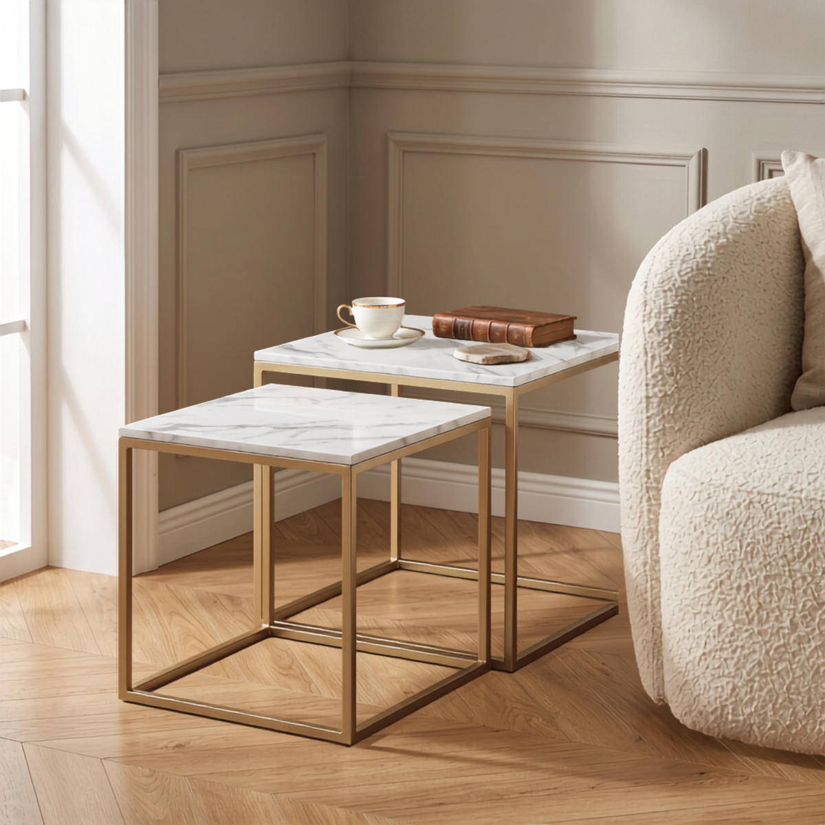 COUCHTISCH 2er-Set quadratisch Gold, Weiß - Weiß, Metall (50/50/50.5cm) - SCENA LIVING
