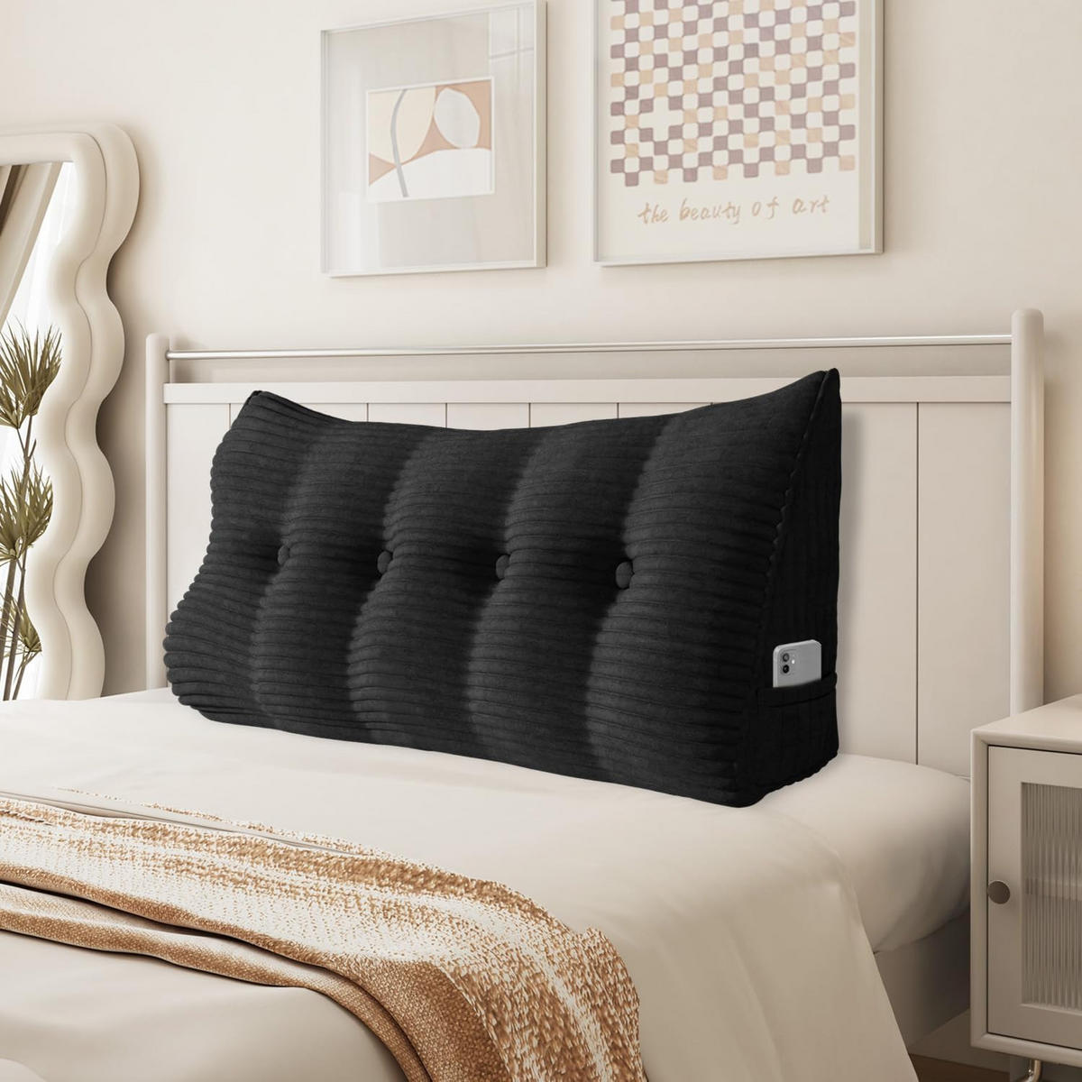 RÜCKENKISSEN für Bett Kord Schwarz 140 cm - Schwarz, Textil (50/140cm) - Vercart