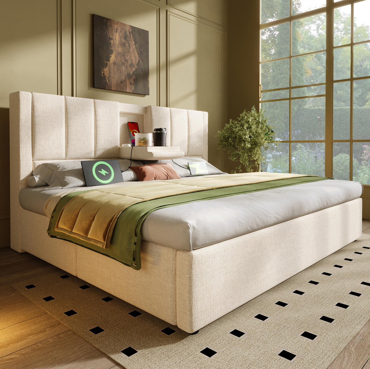 POLSTERBETT 140/190 cm Beige mit Stauraum, USB- und Type-C-Anschlüssen - Beige, Textil (140/190cm) - Flora Grace