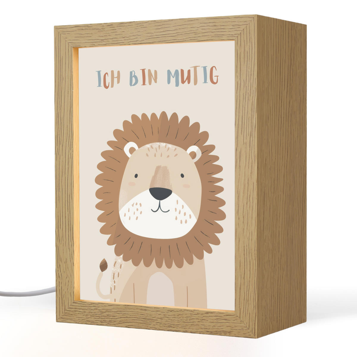 NACHTTISCHLAMPE Löwe - Beige - Tier - Mutig - Zitat 15x20 cm - Beige, Holzwerkstoff (8/15/20cm)