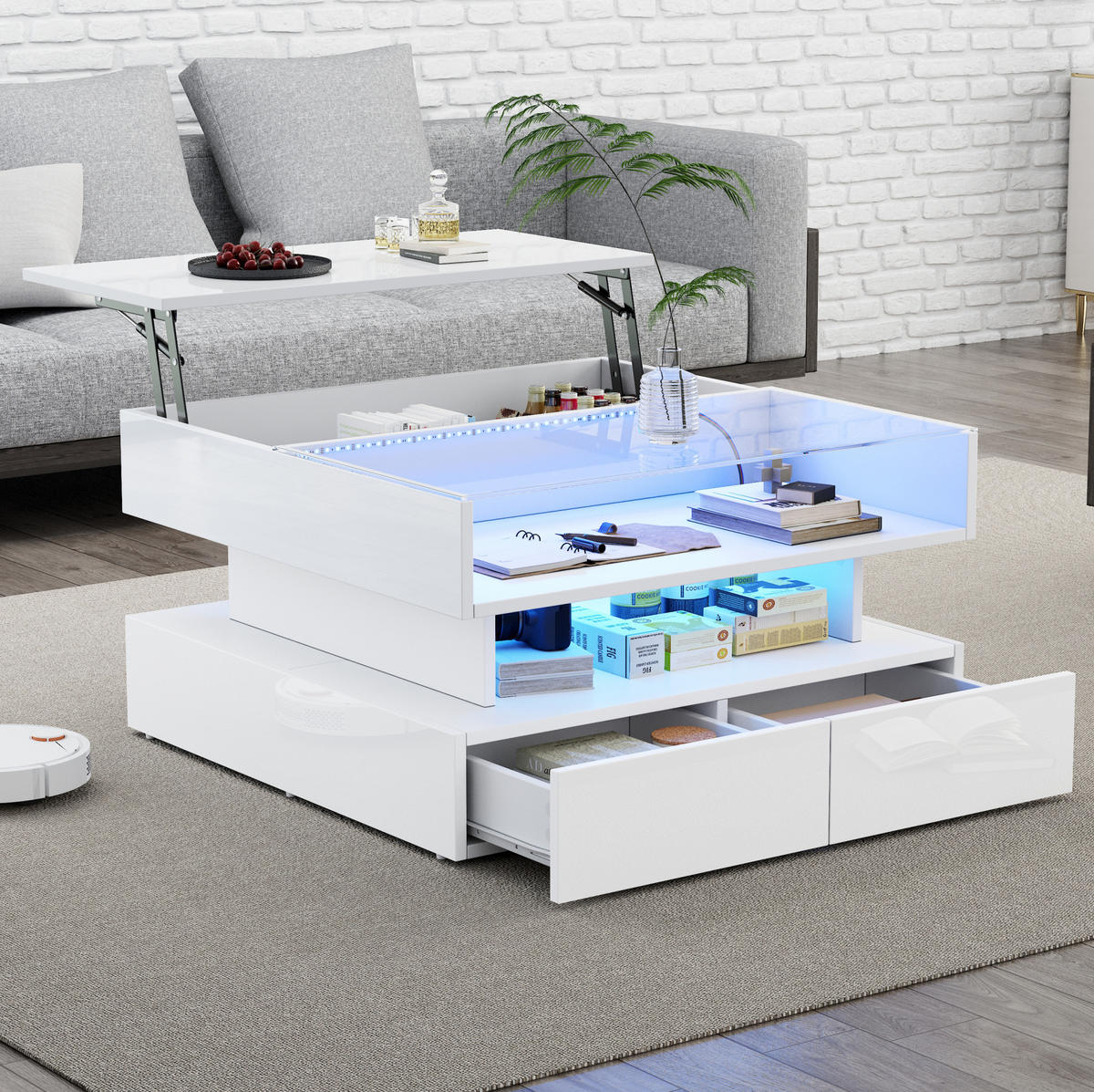 COUCHTISCH 80/80/45 cm weiß aus Spanplatte und gehärtetem Glas mit LED und Stauraum - Weiß, Holzwerkstoff (80/80/45cm) - OKMYHOME