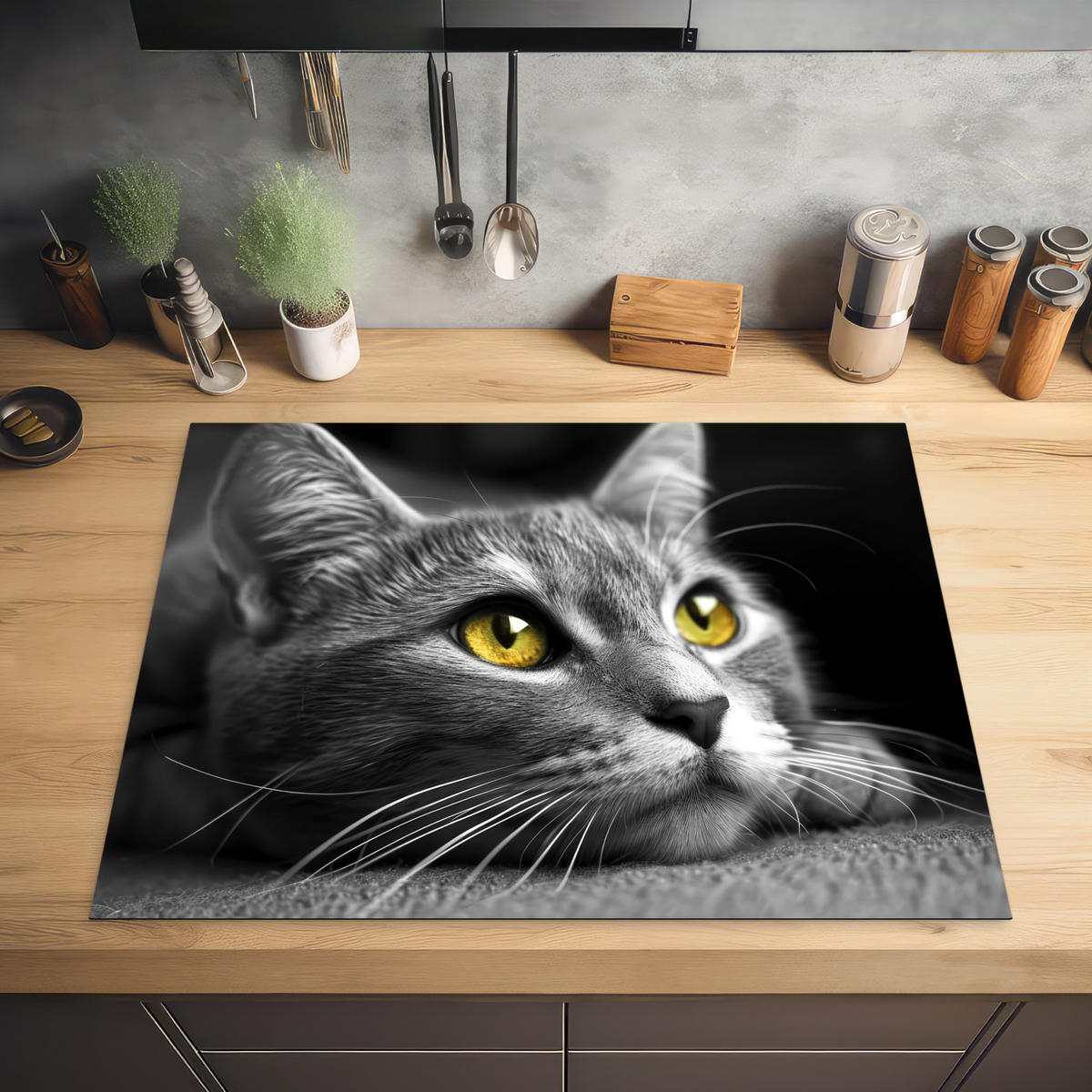 HERABDECKPLATTE - Katze - Grau - Tiere - Katze - 80x55 - Grau, Kunststoff (80/55/0.2cm) - MuchoWow