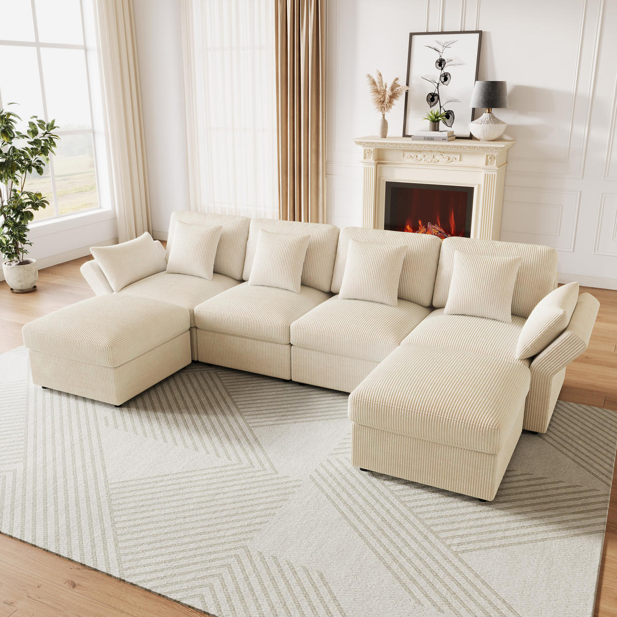 WOHNLANDSCHAFT 5-Sitzer Cord Beige mit verstellbaren Armlehnen und mit Hocker - Beige, Kunststoff/Textil (290/89/159.5cm) - WISHDOR