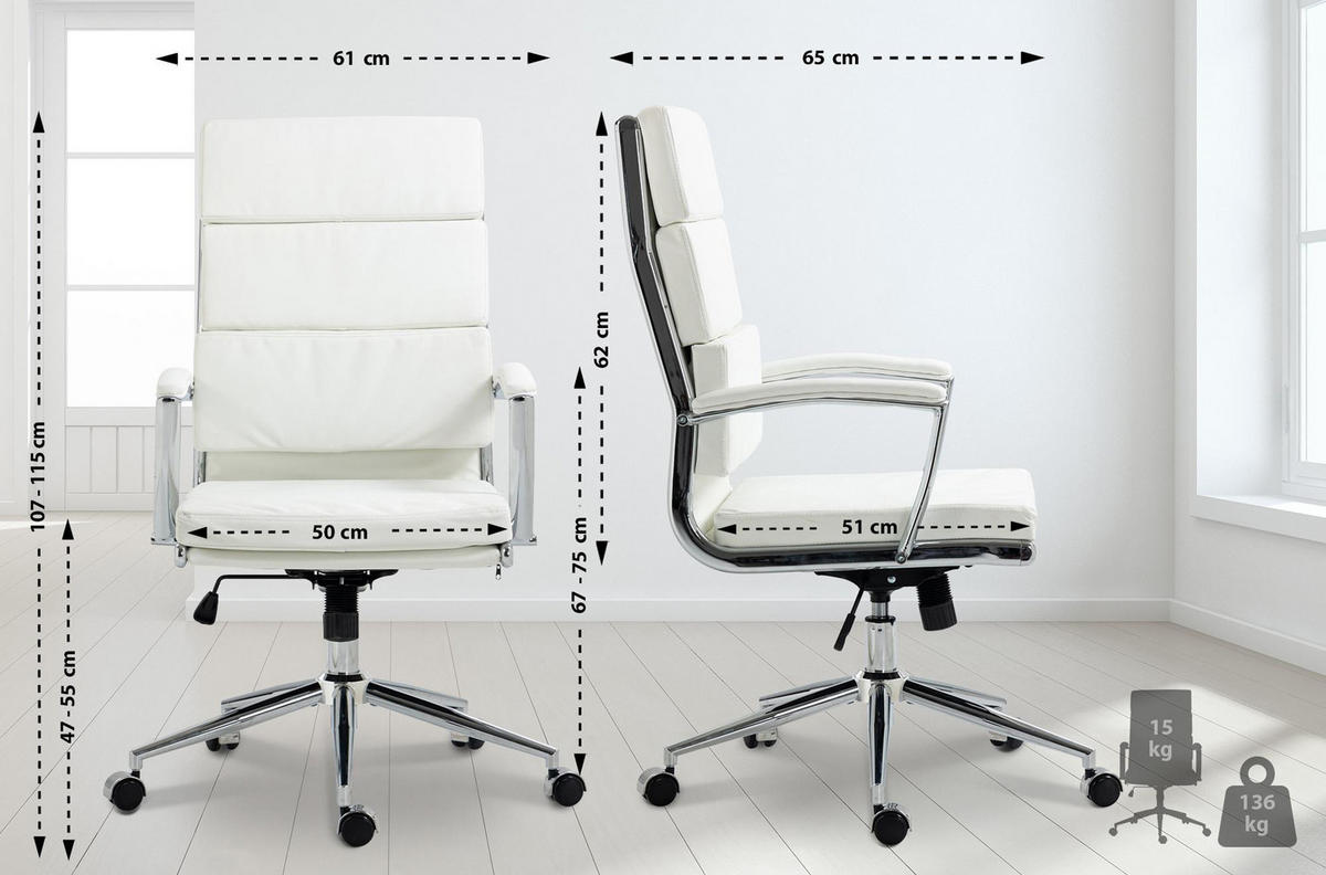 BÜROSTUHL Cyron Kunstleder weiß - Chromfarben/Weiß, Metall (61/115/65cm) - TPFLiving