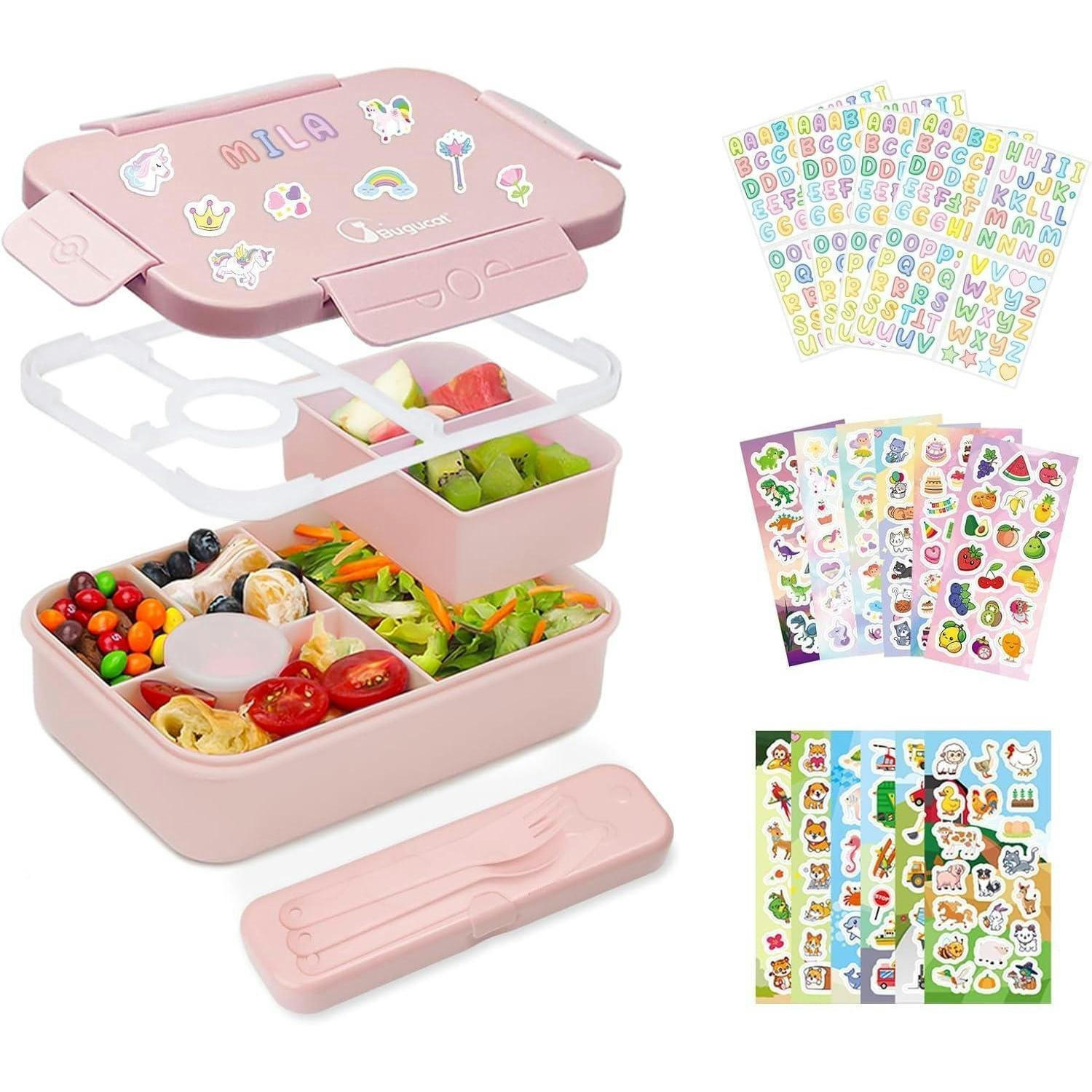 BROTDOSE Kinder mit Fächern 1300ML, auslaufsicher, inkl. Besteckset und 16 Aufklebern, Rosa - Rosa, Kunststoff (15/5.5/22cm)