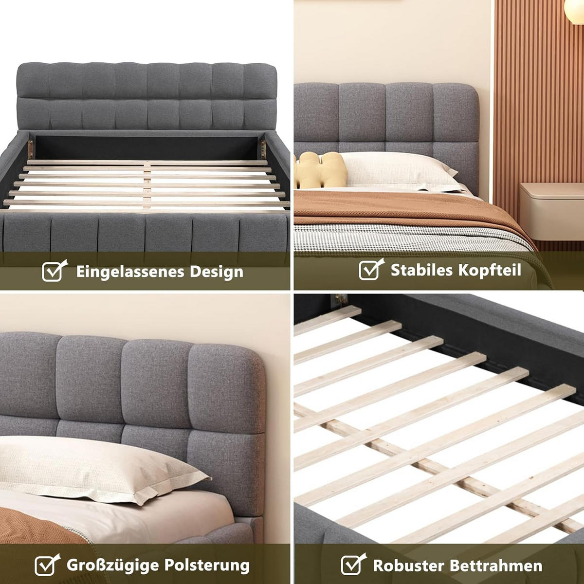 POLSTERBETT 160x200 cm Bubble Design Lattenrost Rückenlehne Leinen grau - Grau, Holz (160/200cm) - LEBENLANG