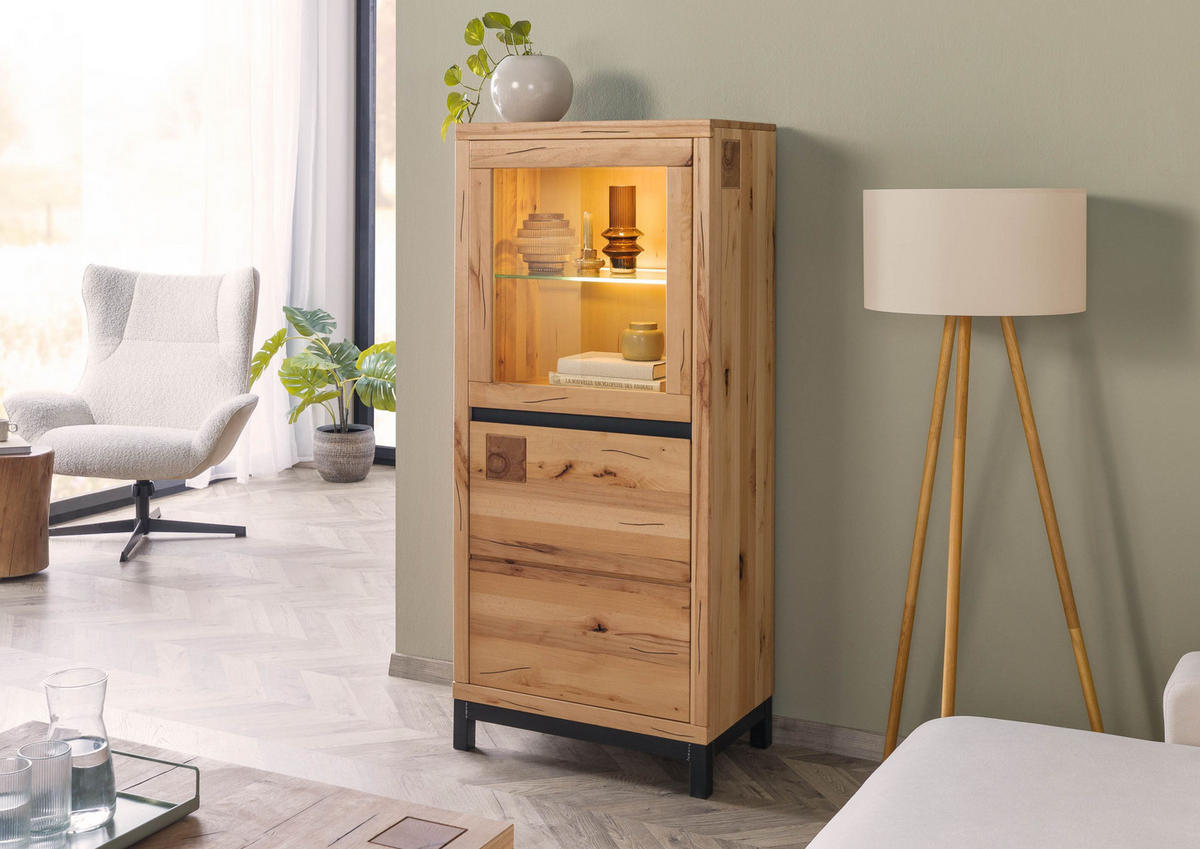 VITRINE Kernbuche 65x40x148 natur geölt VILLANDERS #104 - Hellbraun, Holz (65/148/40cm) - Massivmoebel24