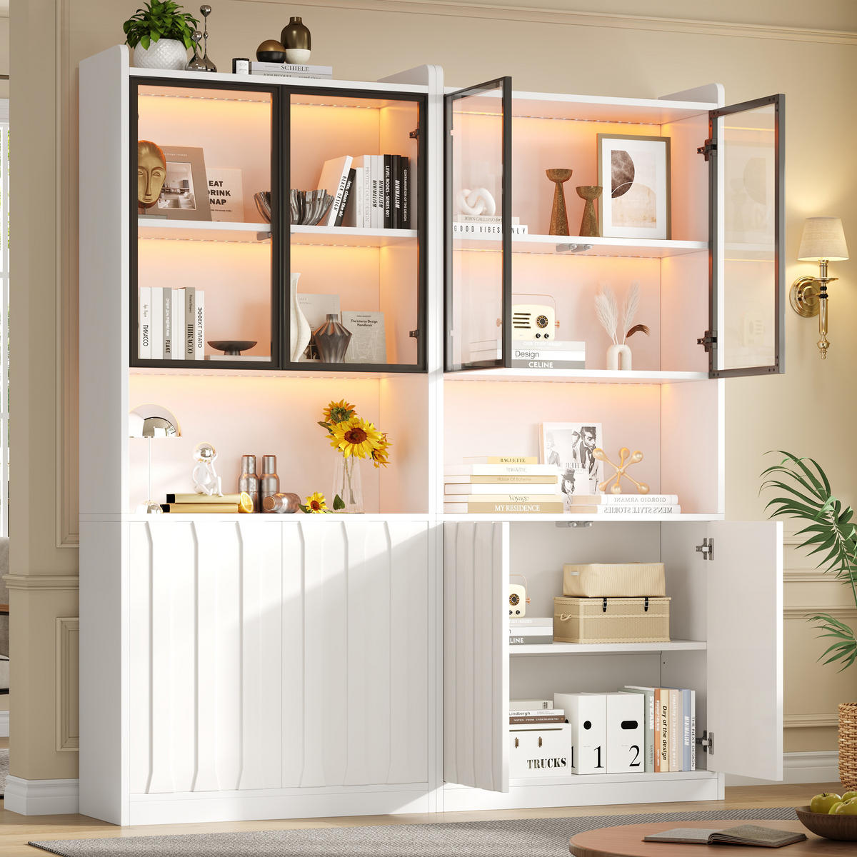 VITRINE 2er-Set 160x35x200 cm Weiß LED Glastüren - Weiß, Holzwerkstoff (160/200/35cm) - FLIEKS
