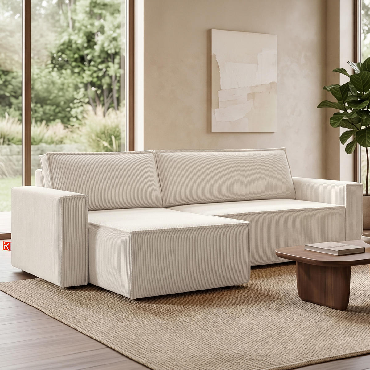 ECKSOFA-LINKS/RECHTS NAPI Schlaffunktion mit Cordbezug, beige - Ecru/Schwarz, Textil (246/148cm) - KONSIMO®