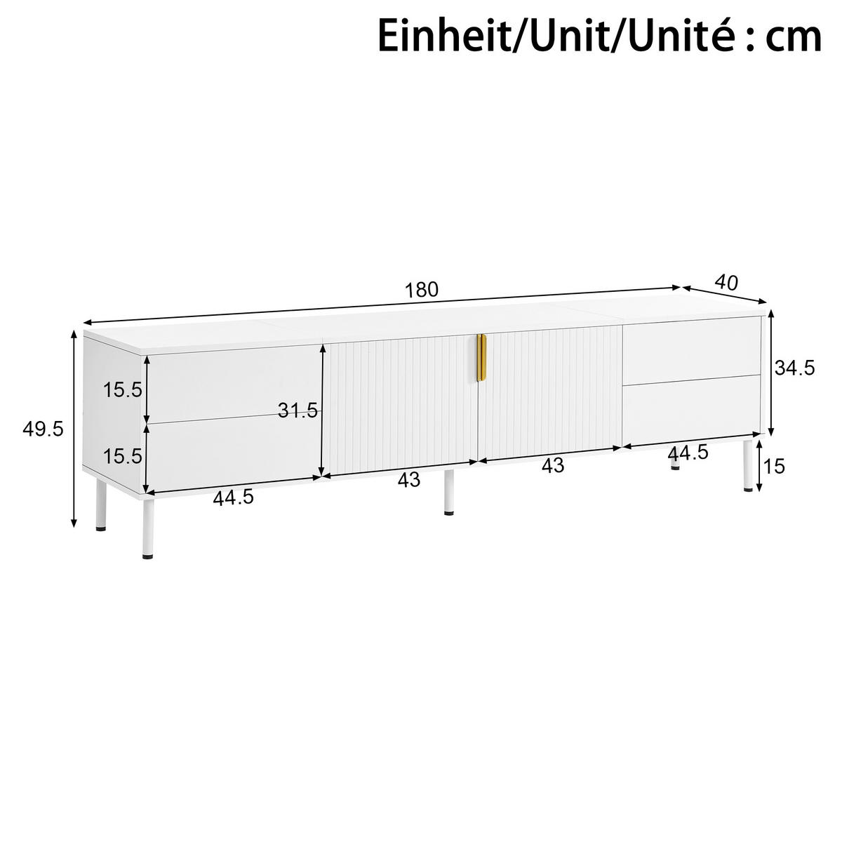LOWBOARD DE-40166 mit Riffeltüren und Push-to-Open-Schubladen Weiß - Weiß, Holzwerkstoff (180/49.5/40cm) - ComfortXL
