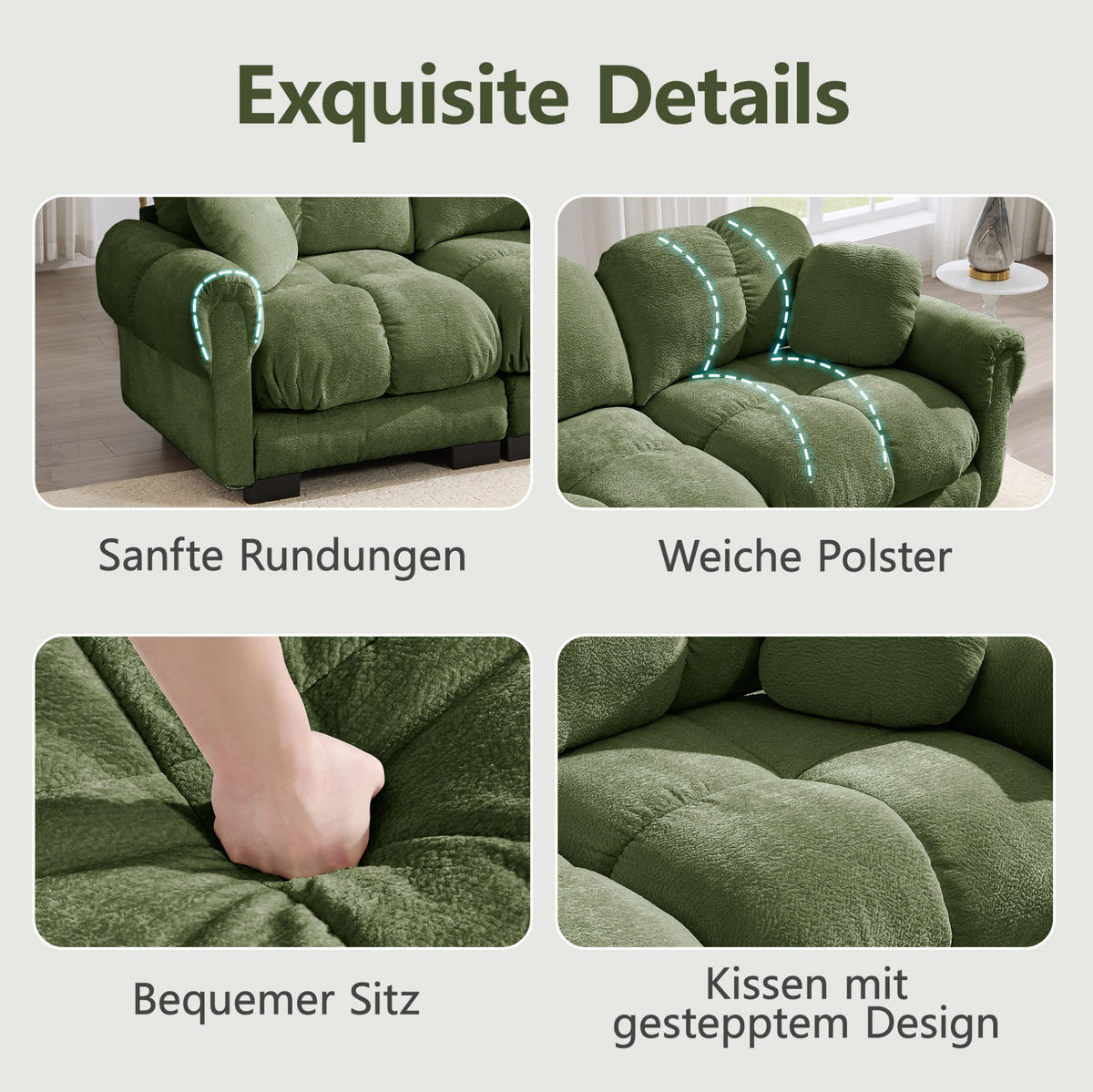 SOFA 190/149/90 cm in Grün aus Chenille mit Steppnaht und Ottomane - Grün, Textil (149/90/190cm) - Flora Grace