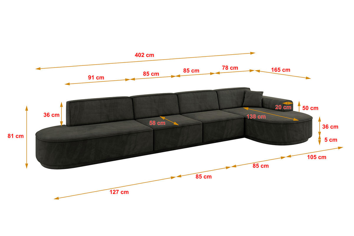 ECKSOFA Ottomane Rechts MARI-L3-v3 - 402x163x81 cm Schwarz Velours - Schwarz, Holzwerkstoff/Kunststoff (402/163cm) - ALTDECOR