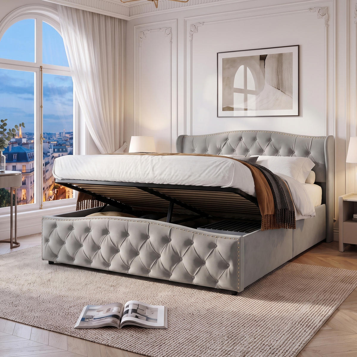 POLSTERBETT 160x200 cm mit Bettkasten, Doppelbett mit Kopfteil, Lattenrost und Stauraum, Samt Grau - Grau, Holz/Textil (160/200cm) - GENKI LIVING