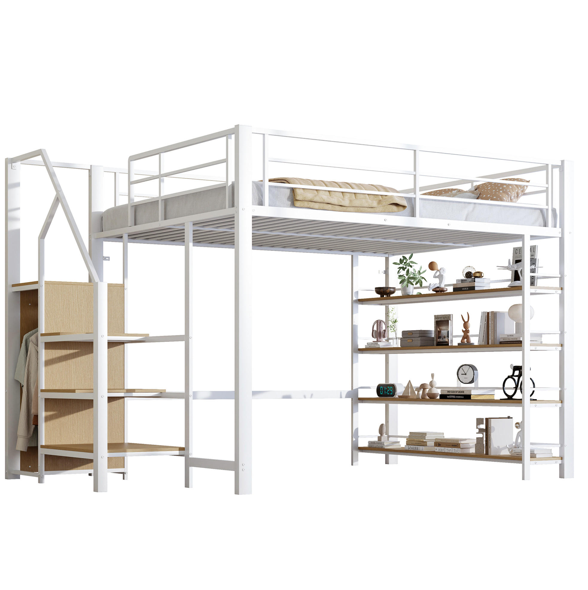 OKWISH PATROVÁ postel 140/200 cm bílá z kovu a MDF s úložnými schody