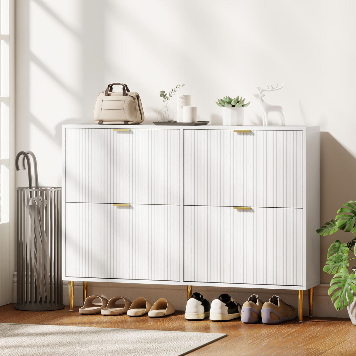 SCHUHSCHRANK DE-15042 4 Klapptüren mit Rillenfront & verstellbaren Böden Weiß - Weiß, Holzwerkstoff (105/91.5/24cm) - ComfortXL
