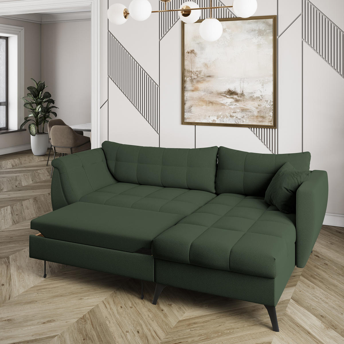 ECKSOFA MOLLIS Grün Geflochtener-Stoff mit Schlaffunktion - Grün, Holz (241/154cm) - MASSENO