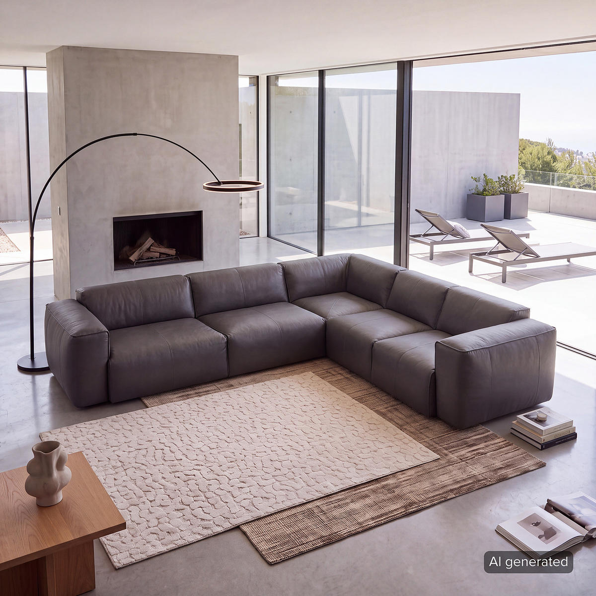 ECKSOFA mit Rundecke - Schwarz/Grau, Leder/Kunststoff (325/260cm) - home24