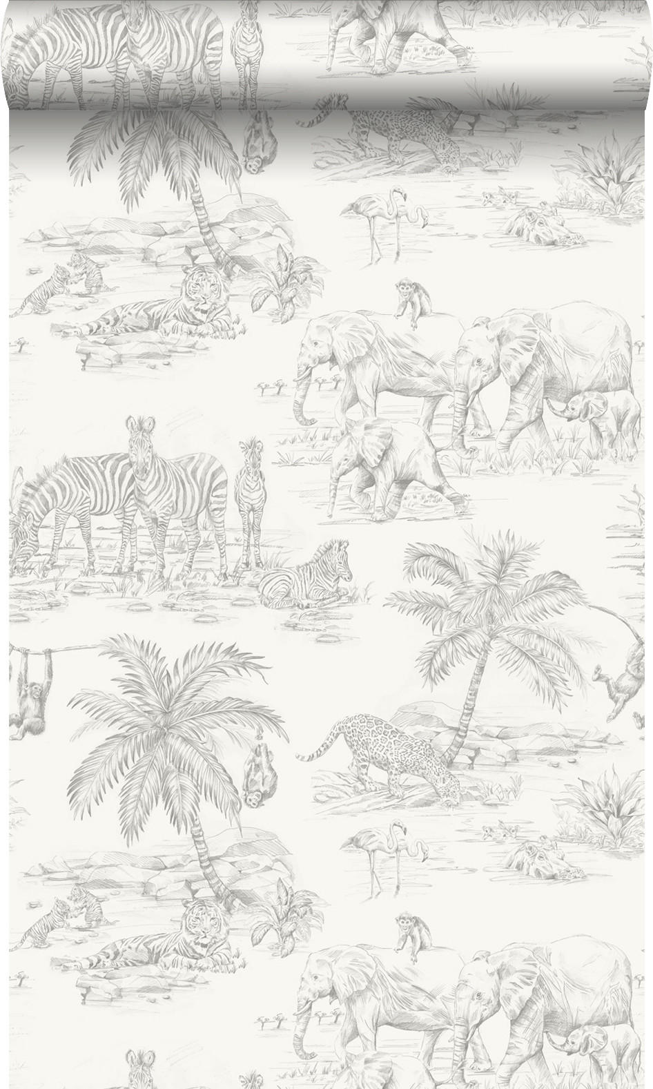 TAPETE Dschungeltiere 53 cm x 10.05 m - Grau, Papier (53/0.1cm) - Origin Wallcoverings