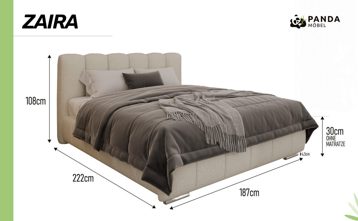 POLSTERBETT ZAIRA 160 x 200 cm mit Bettkasten und Lattenrost, 7-Zonen-Taschenfederkernmatratze CIRA (24 cm) – Hellbeige - Beige, Holz (140/206cm) - Panda Möbel