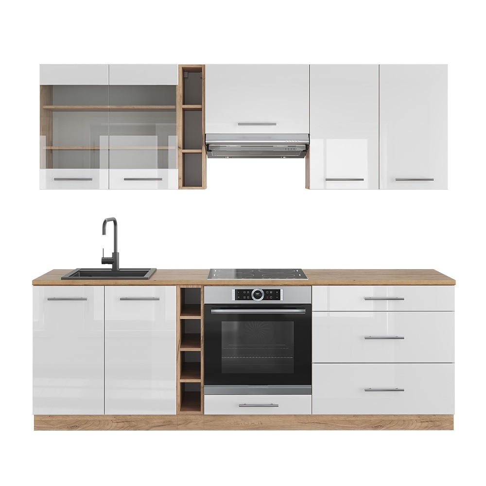 KUHINJA Fame-Line Bela barva visokega sijaja/zlata barva hrasta power 235 cm brez delovne plošče - bela/medeni hrast, leseni material (235/206.8/51.6cm) - Vicco