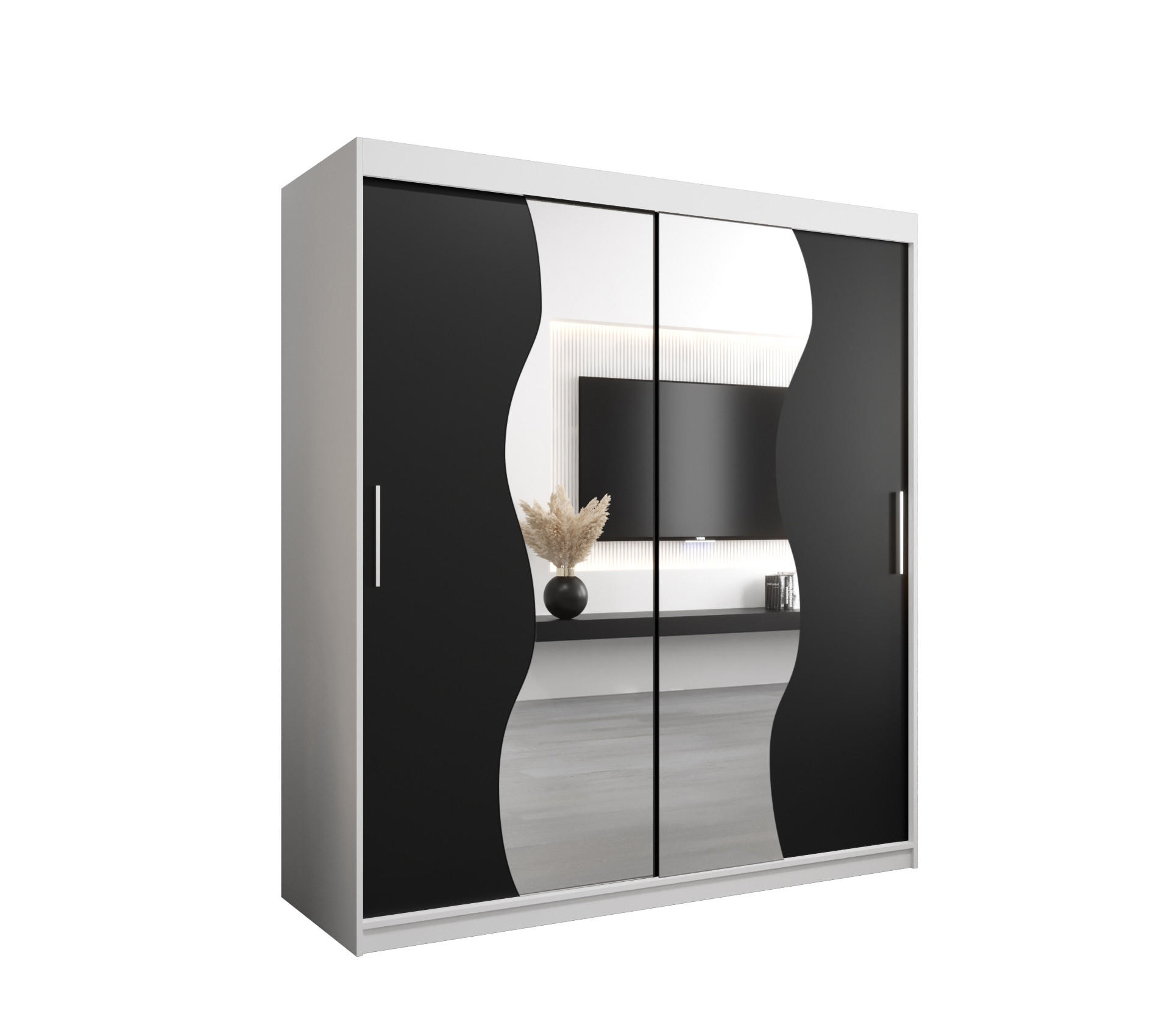 Möbel Kryspol Schwebetürenschrank Weiß, Schwarz 180x200x62 cm