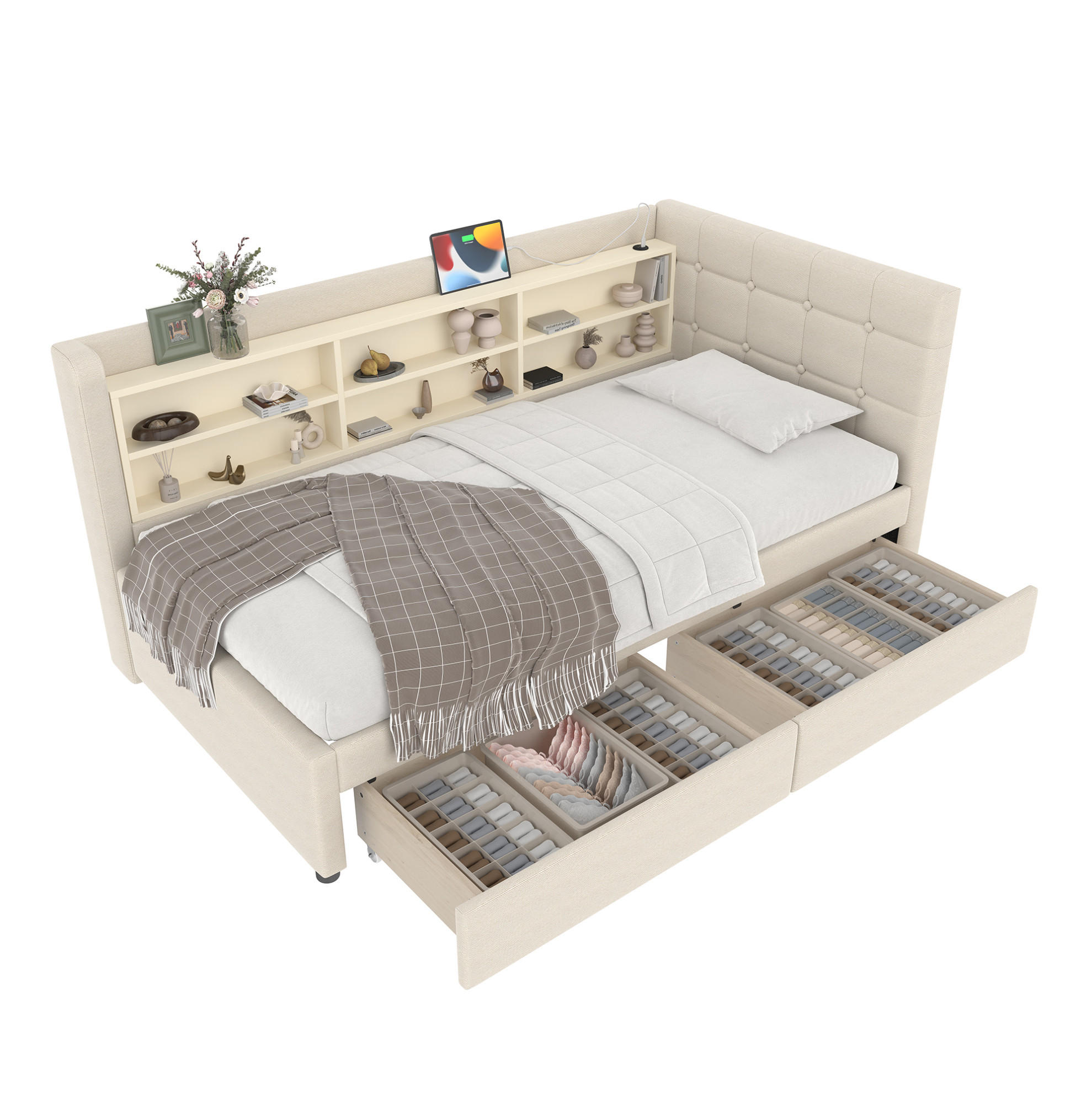 POLSTERBETT 90/200 cm aus Leinen mit 2 Schubladen, USB-C und Ablagefächern, Beige - Beige, Textil (90/200cm) - Redom
