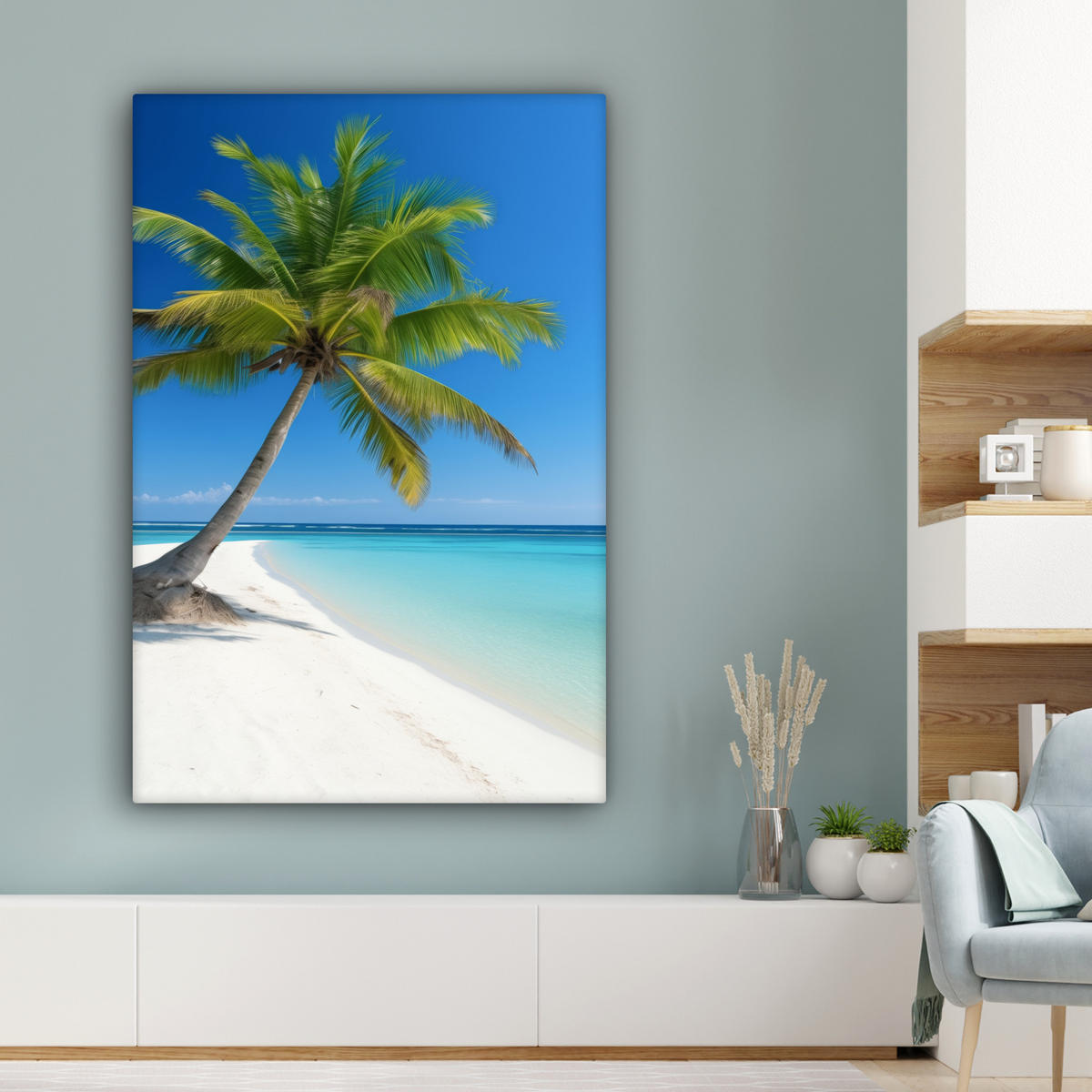 LEINWANDBILD Strand - Palme - Tropisch - Meer Deko XXL 80x120 cm - Grün, Textil (80/120cm) - MuchoWow