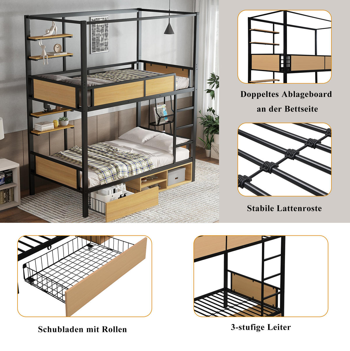 ETAGENBETT 90/200 cm Schwarz Natur mit Ablageboard und Schubladen ohne Matratze - Schwarz, Metall (90/200cm) - MIVRAY