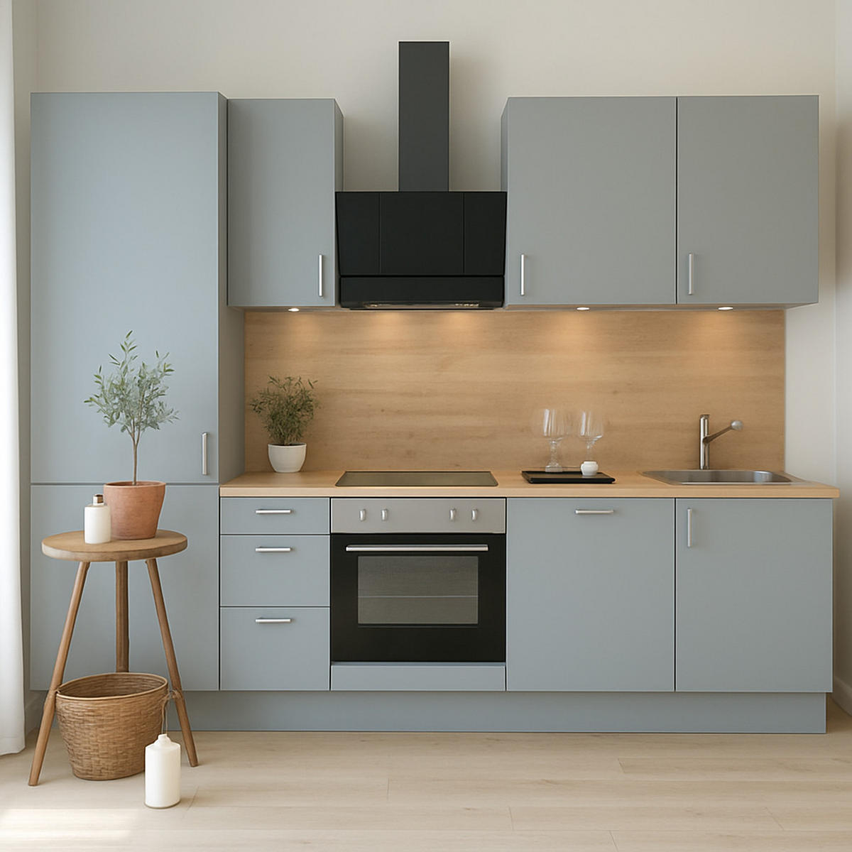 KÜCHENLEERZEILE „Dresden“ 270 cm – ohne E-Geräte – Steingrau – mit Zubehör - Edelstahlfarben/Grau, Holzwerkstoff/Metall (270/210/60cm) - GEBA