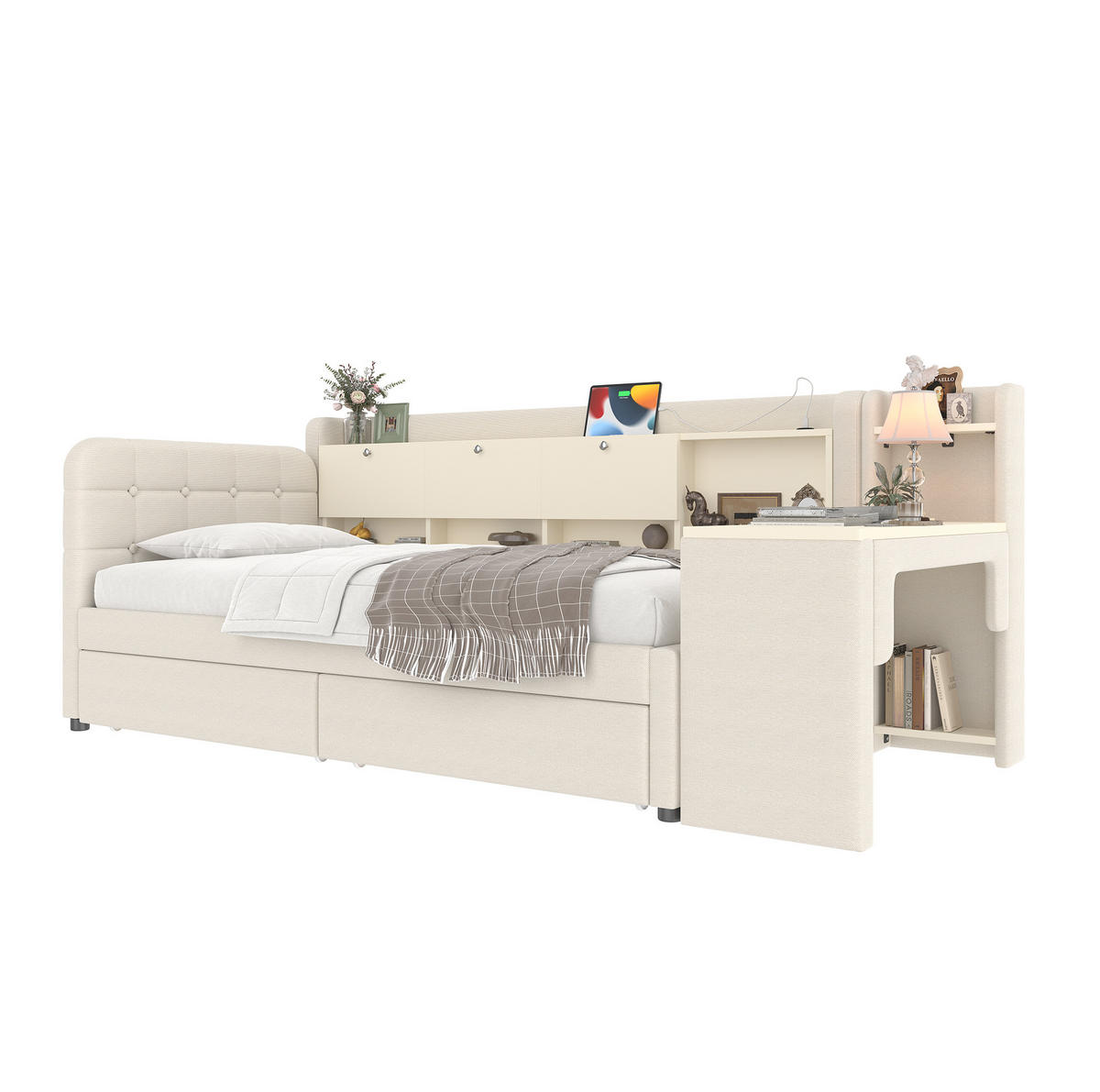 POLSTERBETT 90/200 cm in Beige mit Schreibtisch, 2 Schubladen und USB - Beige, Textil (90/200cm) - Flora Grace