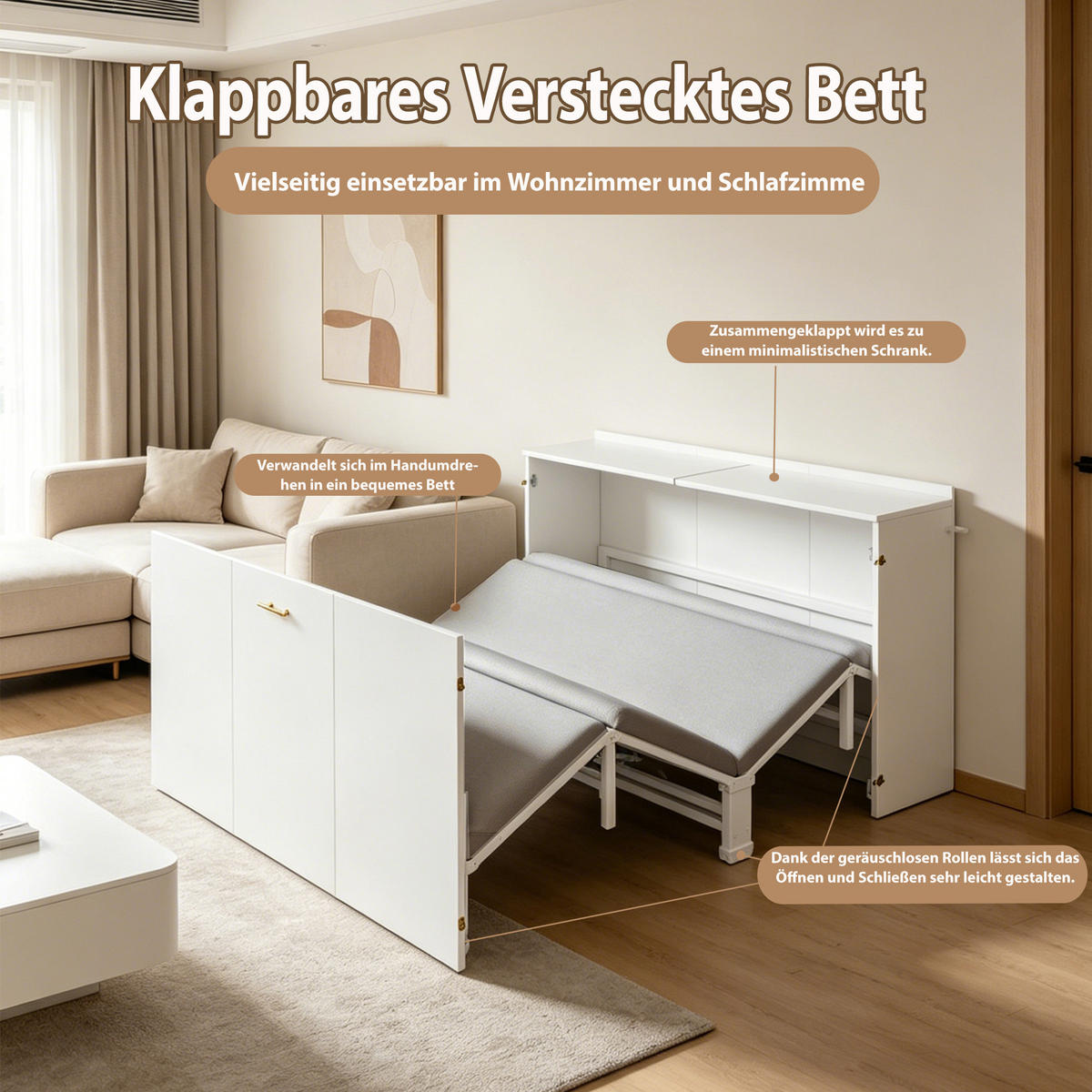 KLAPPBETT 140/200 cm in Weiß mit Rollen und Leinenmatratze - Weiß, Holzwerkstoff/Textil (140/200cm) - WISHDOR