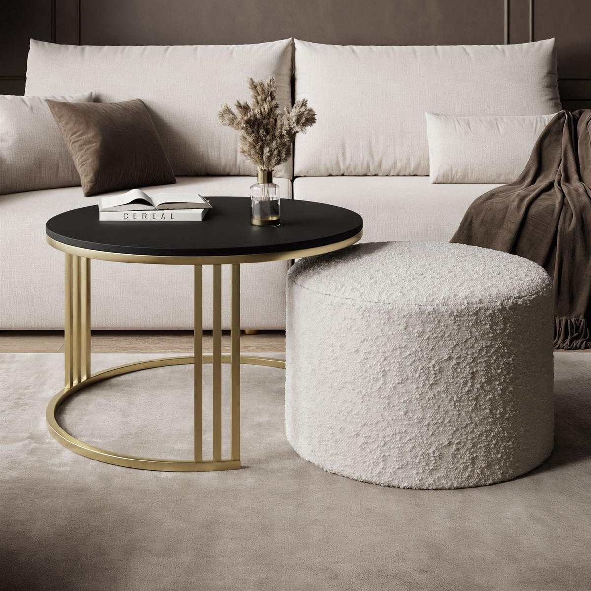 COUCHTISCH mit Hocker LORI MAT gebürstetes Gold/schwarz matt/Coral 65 - Schwarz, Metall (70/70/49cm) - Lookway