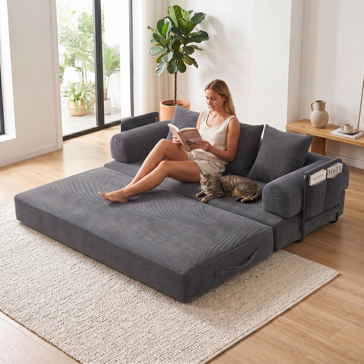 SCHLAFSOFA, Modulares Tagesbett mit Metallgestell, Klappbares Bodensofa Cordstoff, Dunkelgrau - Dunkelgrau, Textil (94/67/200cm) - LVHOM