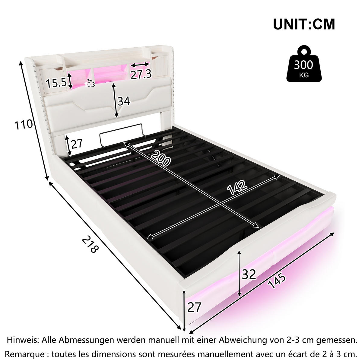 POLSTERBETT 140x200cm Beige USB-C LED-Licht Kopfteil Hydraulik - Beige, Holz (140/200cm) - FLIEKS